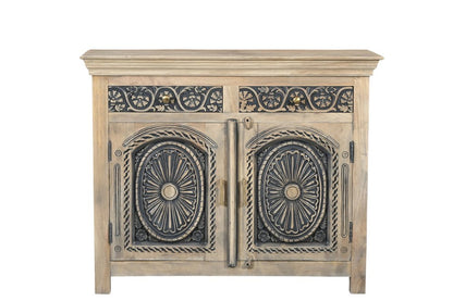 46" Beige And Black Distressed Solid Wood Carved Floral Two Drawer Sideboard With Two Doors