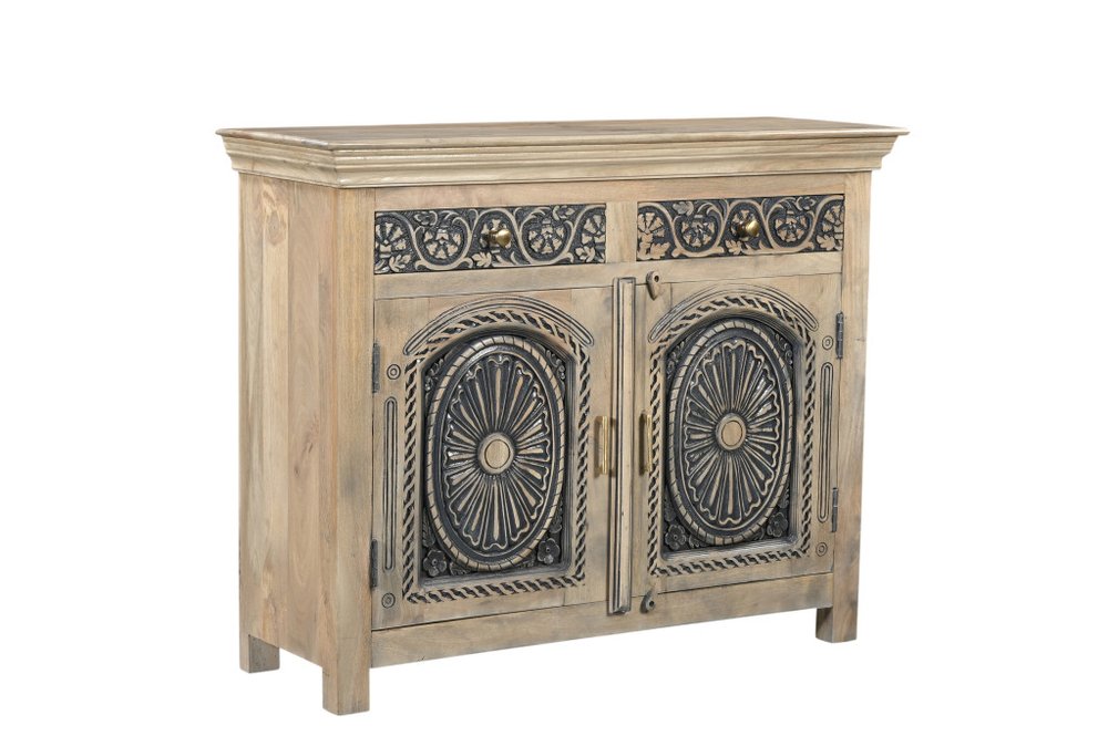 46" Beige And Black Distressed Solid Wood Carved Floral Two Drawer Sideboard With Two Doors