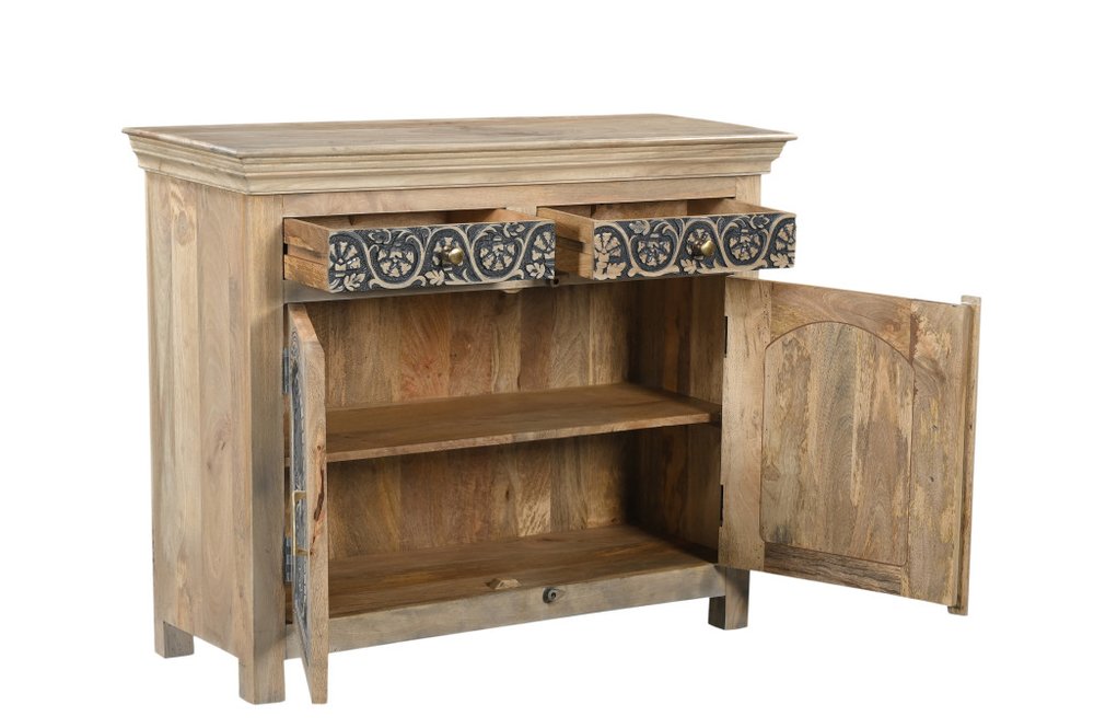 46" Beige And Black Distressed Solid Wood Carved Floral Two Drawer Sideboard With Two Doors — view 3