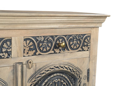 46" Beige And Black Distressed Solid Wood Carved Floral Two Drawer Sideboard With Two Doors