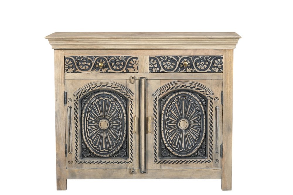 46" Beige And Black Distressed Solid Wood Carved Floral Two Drawer Sideboard With Two Doors