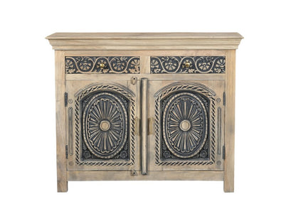 46" Beige And Black Distressed Solid Wood Carved Floral Two Drawer Sideboard With Two Doors