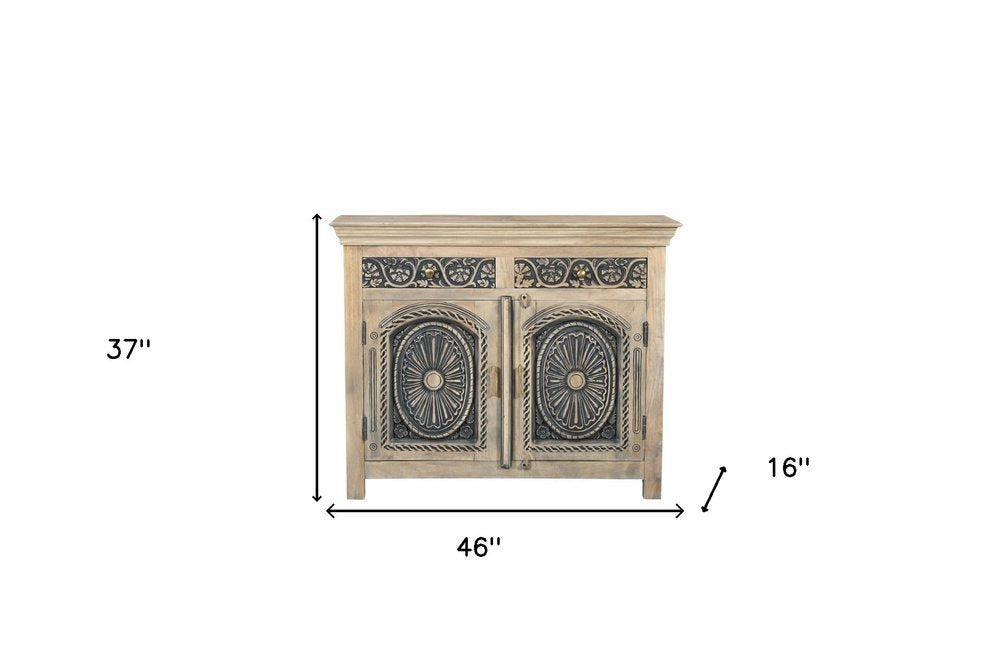 46" Beige And Black Distressed Solid Wood Carved Floral Two Drawer Sideboard With Two Doors