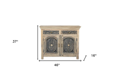 46" Beige And Black Distressed Solid Wood Carved Floral Two Drawer Sideboard With Two Doors
