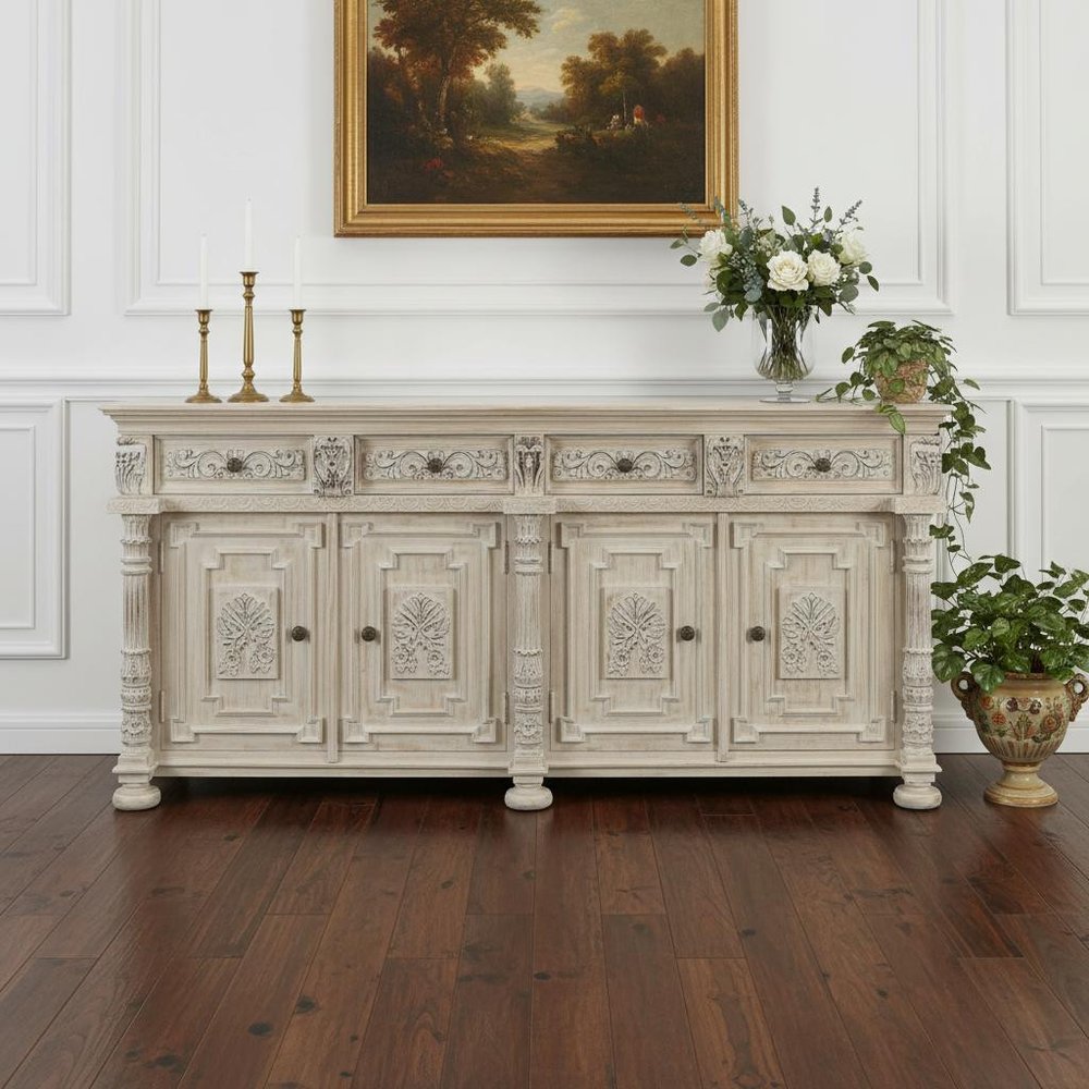 89" White Distressed Solid Wood Carved Scrollwork Four Drawer Sideboard With Four Doors HomeRoots