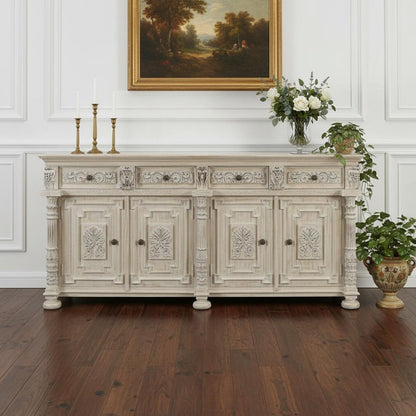 89" White Distressed Solid Wood Carved Scrollwork Four Drawer Sideboard With Four Doors HomeRoots