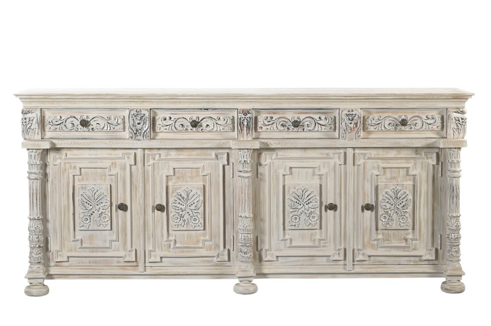 89" White Distressed Solid Wood Carved Scrollwork Four Drawer Sideboard With Four Doors HomeRoots