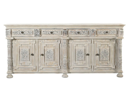 89" White Distressed Solid Wood Carved Scrollwork Four Drawer Sideboard With Four Doors HomeRoots