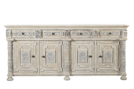 89" White Distressed Solid Wood Carved Scrollwork Four Drawer Sideboard With Four Doors HomeRoots