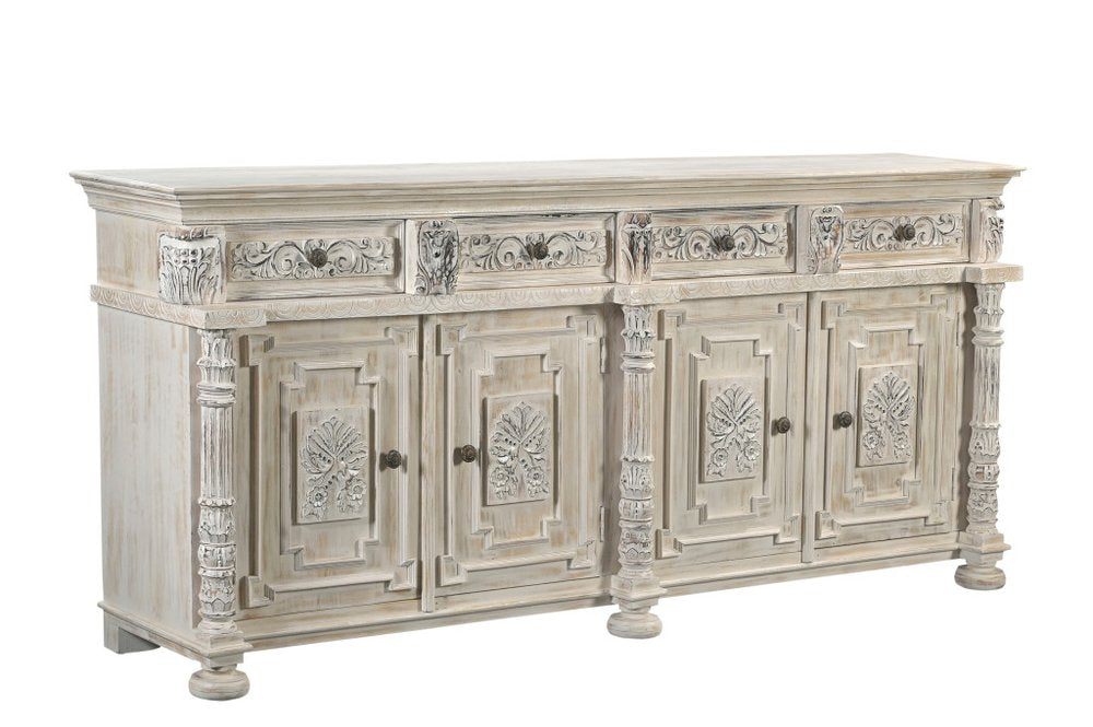 89" White Distressed Solid Wood Carved Scrollwork Four Drawer Sideboard With Four Doors HomeRoots