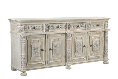 89" White Distressed Solid Wood Carved Scrollwork Four Drawer Sideboard With Four Doors HomeRoots