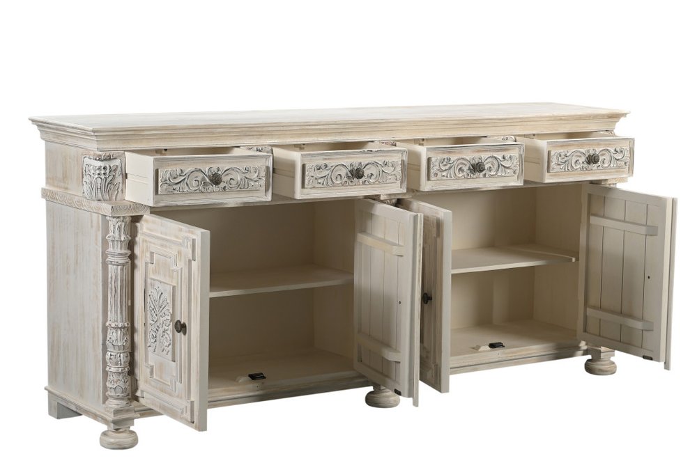 89" White Distressed Solid Wood Carved Scrollwork Four Drawer Sideboard With Four Doors HomeRoots