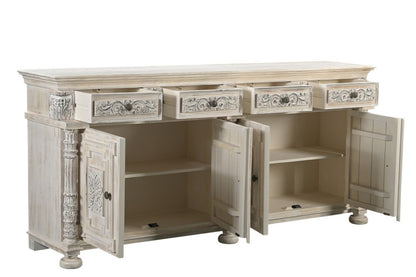 89" White Distressed Solid Wood Carved Scrollwork Four Drawer Sideboard With Four Doors HomeRoots
