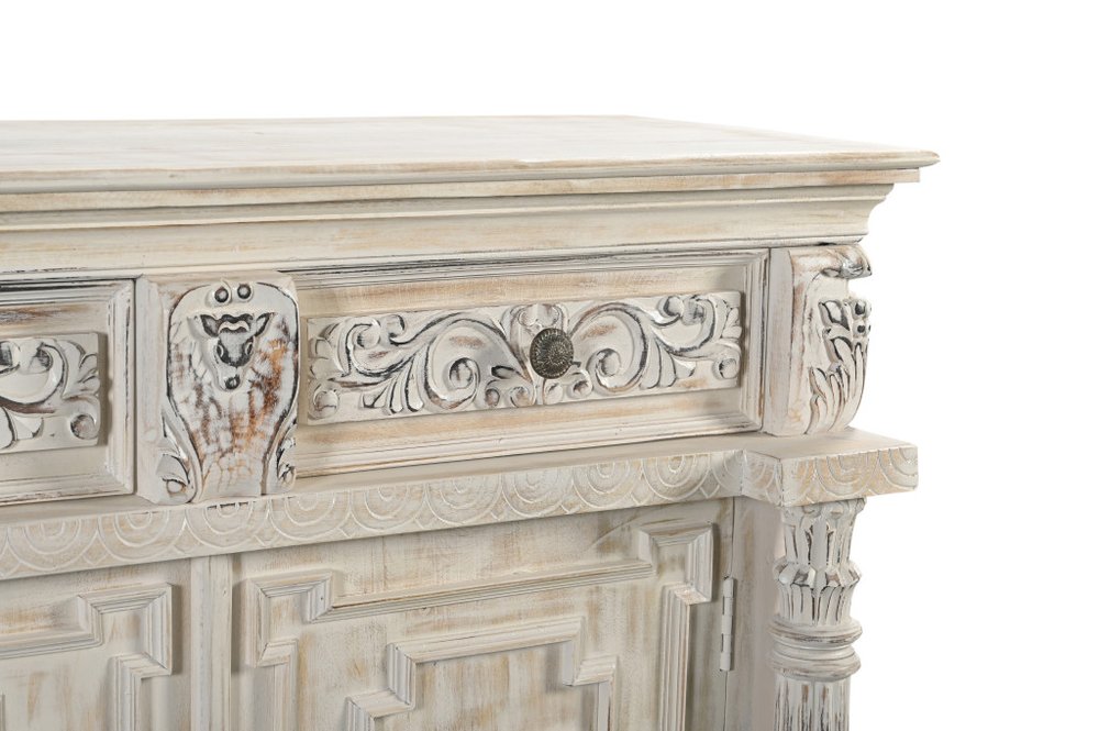 89" White Distressed Solid Wood Carved Scrollwork Four Drawer Sideboard With Four Doors HomeRoots