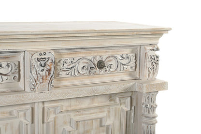 89" White Distressed Solid Wood Carved Scrollwork Four Drawer Sideboard With Four Doors HomeRoots