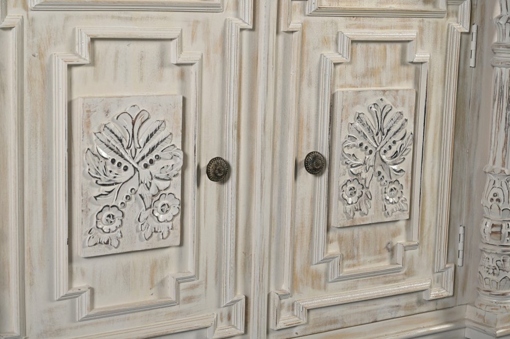 89" White Distressed Solid Wood Carved Scrollwork Four Drawer Sideboard With Four Doors HomeRoots