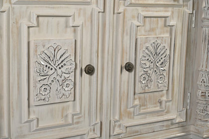 89" White Distressed Solid Wood Carved Scrollwork Four Drawer Sideboard With Four Doors HomeRoots