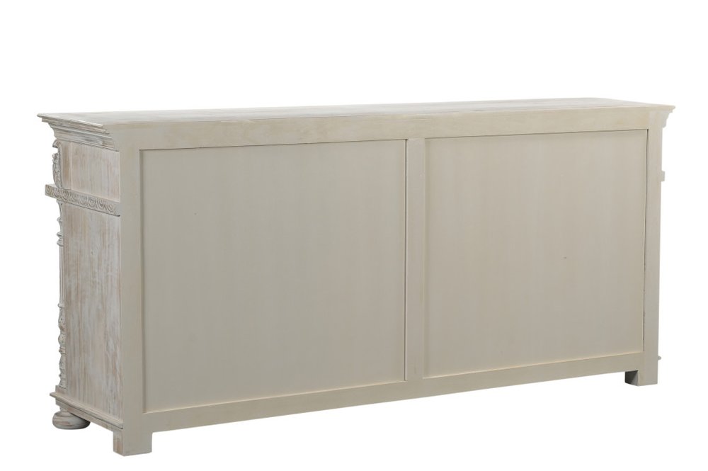 89" White Distressed Solid Wood Carved Scrollwork Four Drawer Sideboard With Four Doors HomeRoots