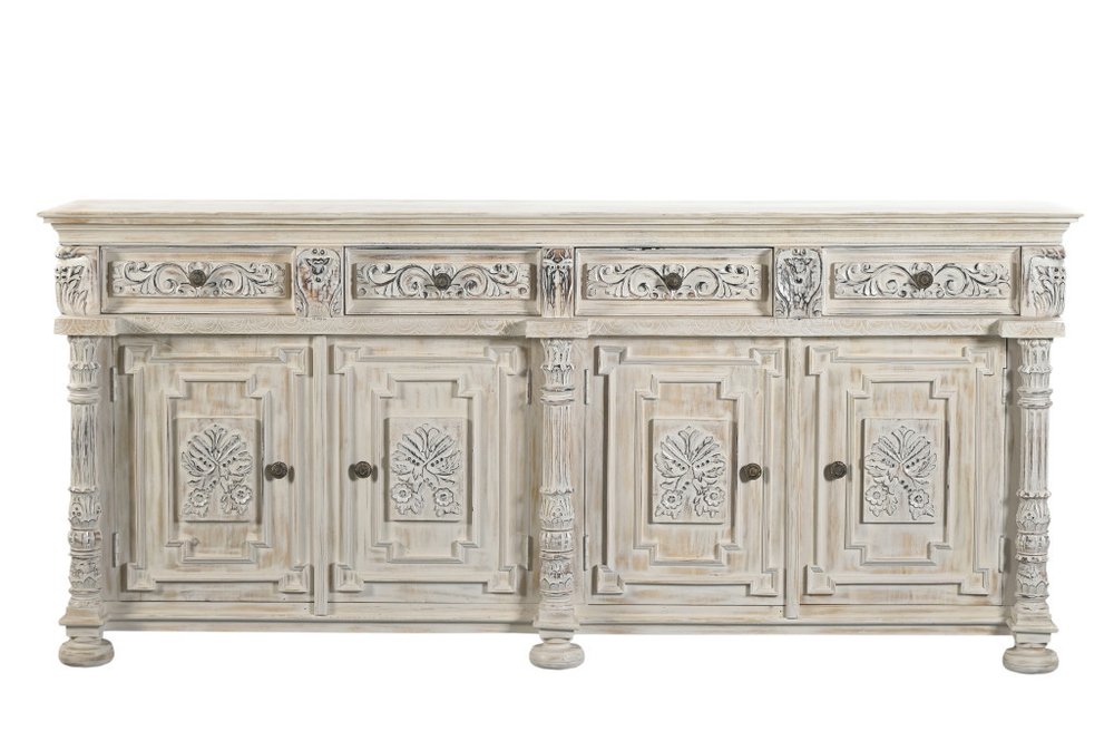 89" White Distressed Solid Wood Carved Scrollwork Four Drawer Sideboard With Four Doors HomeRoots