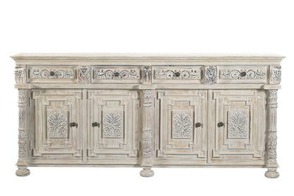 89" White Distressed Solid Wood Carved Scrollwork Four Drawer Sideboard With Four Doors HomeRoots