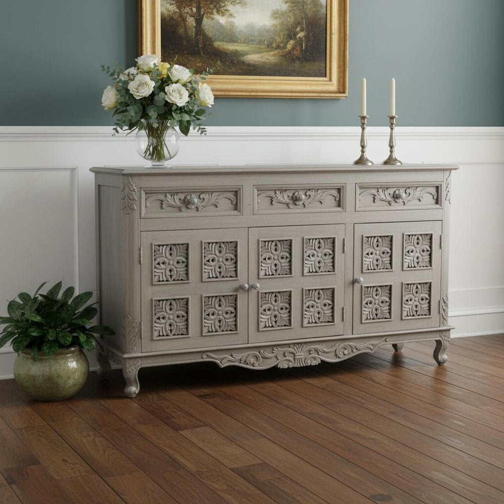 69" Gray Distressed Solid Wood Carved Floral Three Drawer Sideboard With Three Doors HomeRoots