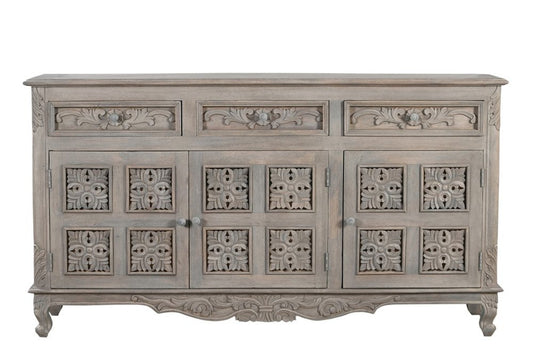 69" Gray Distressed Solid Wood Carved Floral Three Drawer Sideboard With Three Doors