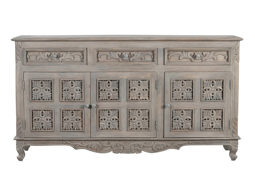 69" Gray Distressed Solid Wood Carved Floral Three Drawer Sideboard With Three Doors HomeRoots