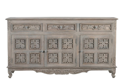 69" Gray Distressed Solid Wood Carved Floral Three Drawer Sideboard With Three Doors HomeRoots