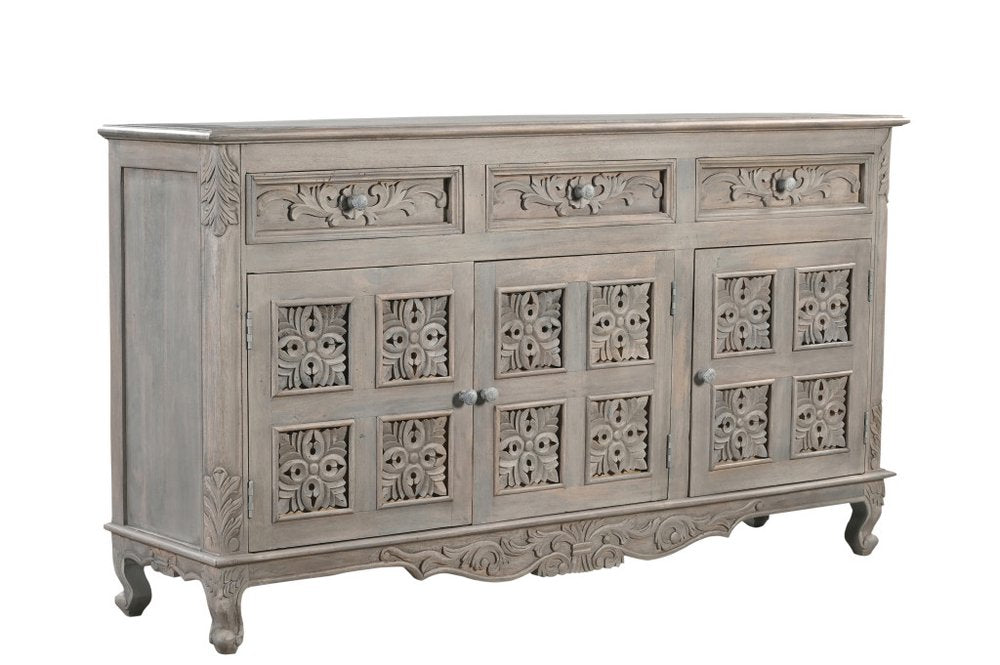 69" Gray Distressed Solid Wood Carved Floral Three Drawer Sideboard With Three Doors — view 2