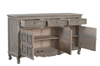 69" Gray Distressed Solid Wood Carved Floral Three Drawer Sideboard With Three Doors HomeRoots