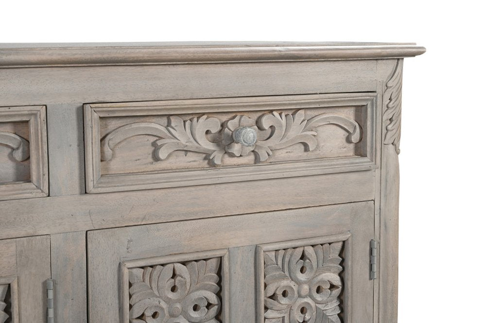 69" Gray Distressed Solid Wood Carved Floral Three Drawer Sideboard With Three Doors HomeRoots