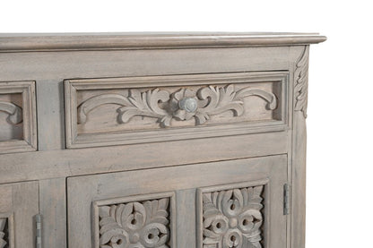 69" Gray Distressed Solid Wood Carved Floral Three Drawer Sideboard With Three Doors HomeRoots