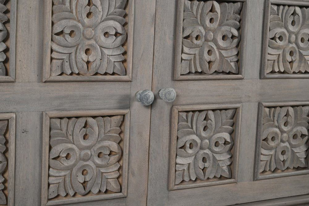 69" Gray Distressed Solid Wood Carved Floral Three Drawer Sideboard With Three Doors HomeRoots