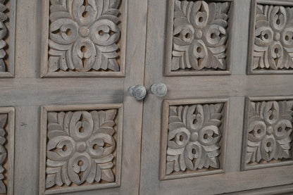 69" Gray Distressed Solid Wood Carved Floral Three Drawer Sideboard With Three Doors HomeRoots