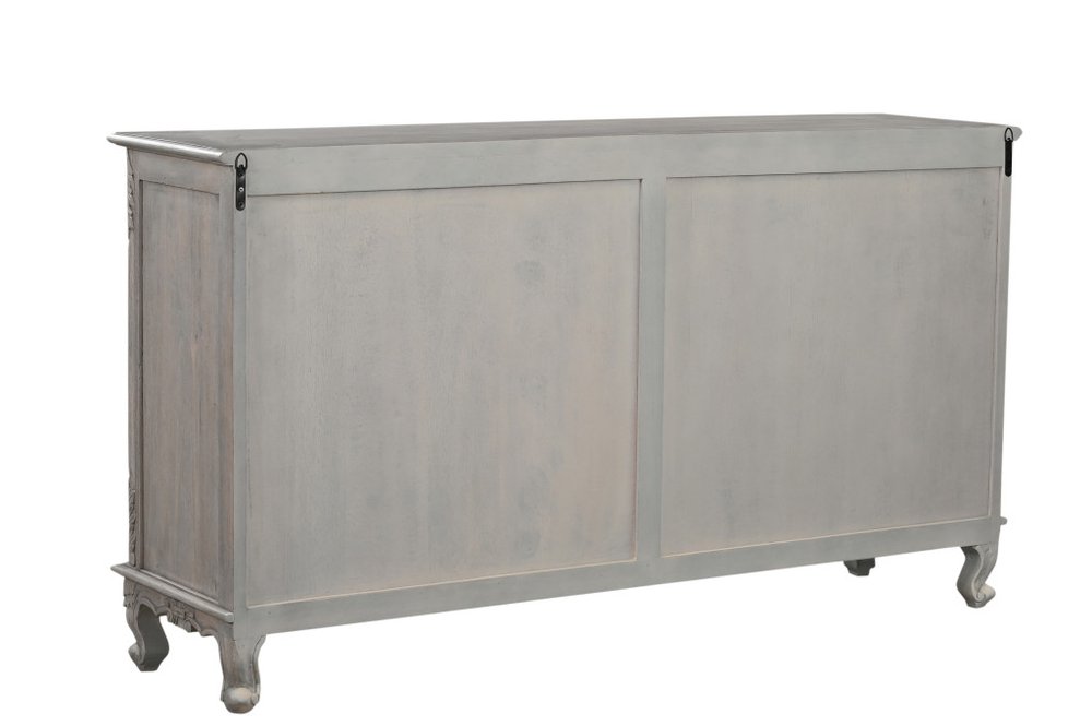69" Gray Distressed Solid Wood Carved Floral Three Drawer Sideboard With Three Doors HomeRoots