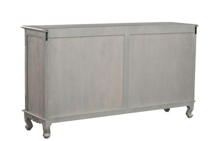 69" Gray Distressed Solid Wood Carved Floral Three Drawer Sideboard With Three Doors HomeRoots