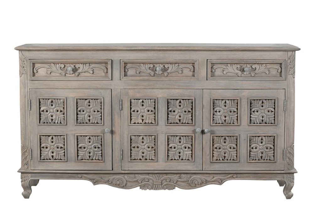 69" Gray Distressed Solid Wood Carved Floral Three Drawer Sideboard With Three Doors HomeRoots