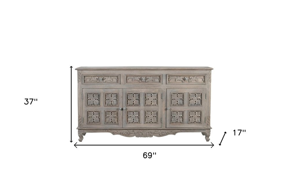 69" Gray Distressed Solid Wood Carved Floral Three Drawer Sideboard With Three Doors HomeRoots