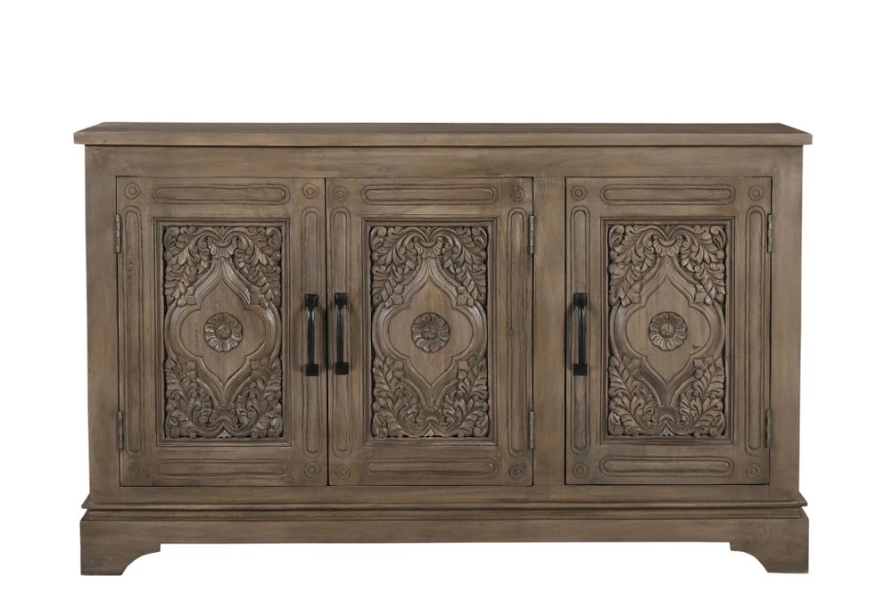 59" Brown Distressed Solid Wood Carved Scrollwork Sideboard With Three Doors HomeRoots