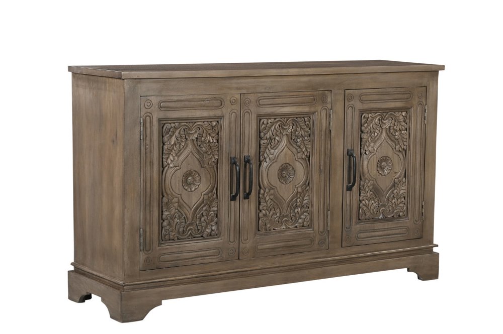 59" Brown Distressed Solid Wood Carved Scrollwork Sideboard With Three Doors HomeRoots