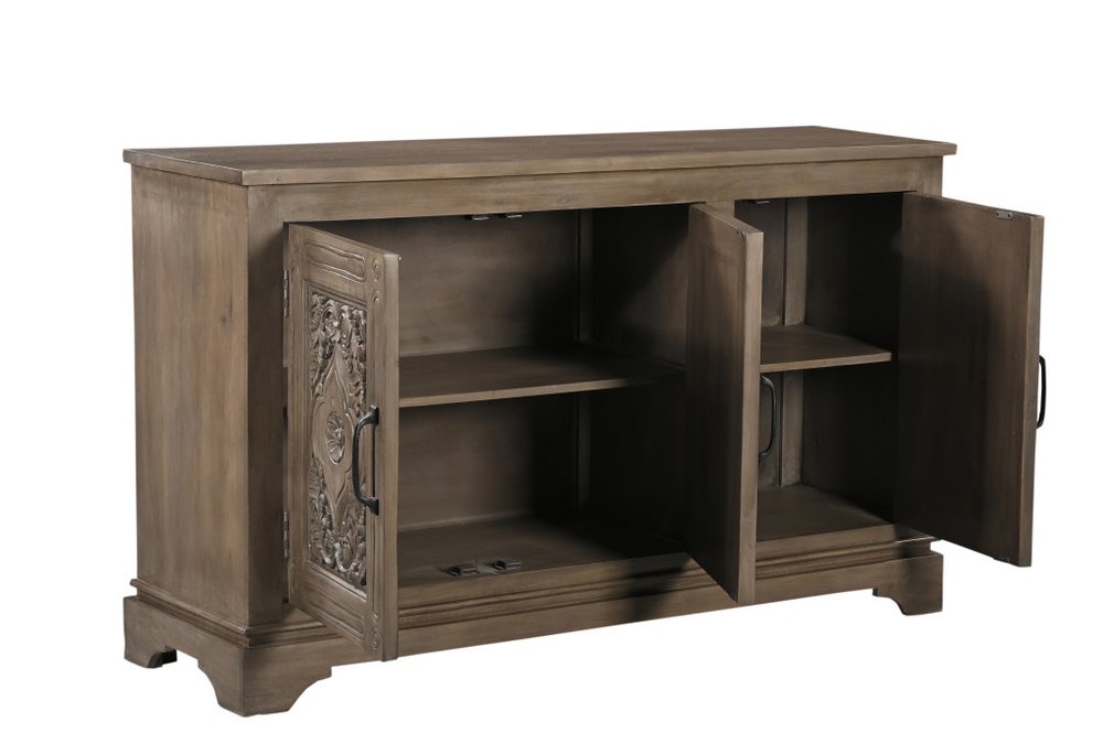 59" Brown Distressed Solid Wood Carved Scrollwork Sideboard With Three Doors HomeRoots