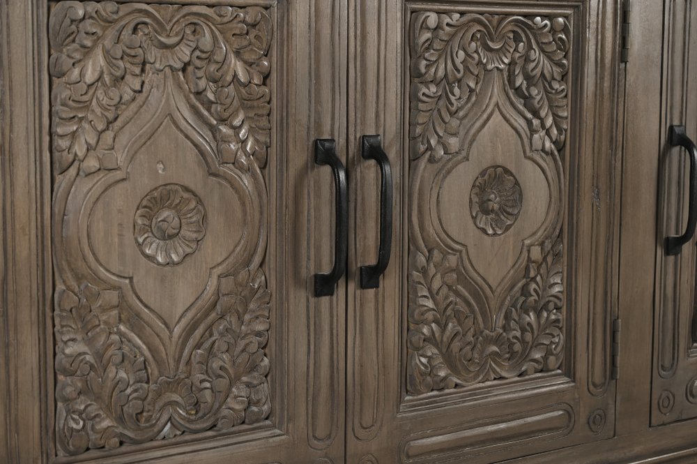 59" Brown Distressed Solid Wood Carved Scrollwork Sideboard With Three Doors HomeRoots