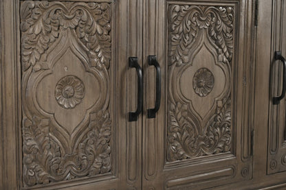 59" Brown Distressed Solid Wood Carved Scrollwork Sideboard With Three Doors HomeRoots