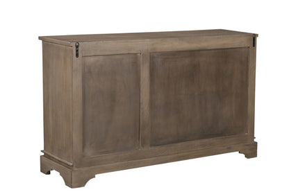 59" Brown Distressed Solid Wood Carved Scrollwork Sideboard With Three Doors HomeRoots