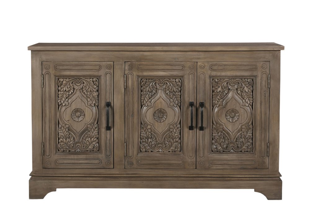 59" Brown Distressed Solid Wood Carved Scrollwork Sideboard With Three Doors HomeRoots
