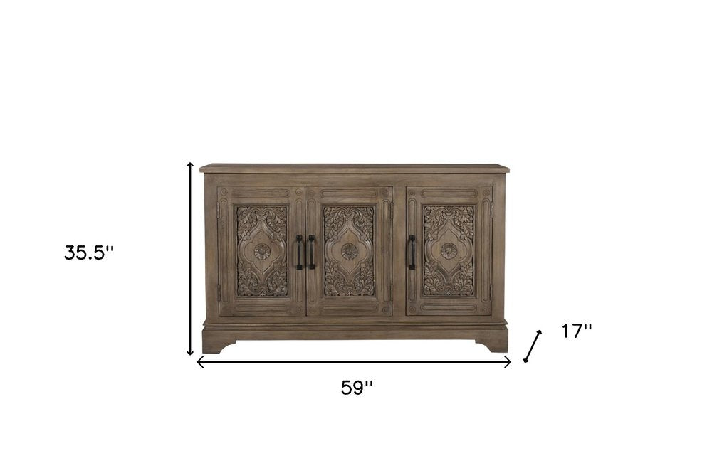 59" Brown Distressed Solid Wood Carved Scrollwork Sideboard With Three Doors HomeRoots