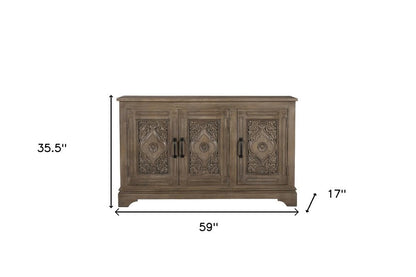 59" Brown Distressed Solid Wood Carved Scrollwork Sideboard With Three Doors HomeRoots