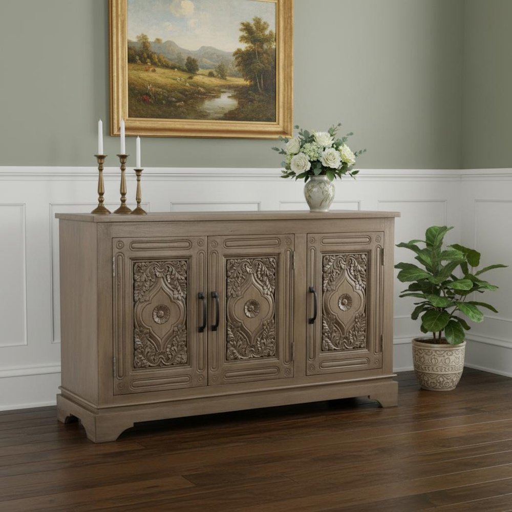59" Brown Distressed Solid Wood Carved Scrollwork Sideboard With Three Doors HomeRoots
