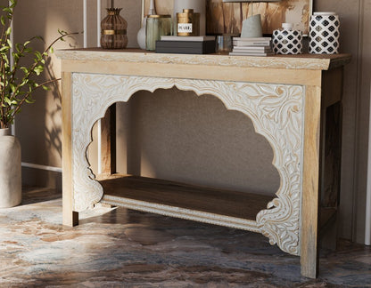 56" Natural Solid Wood Distressed Console Table With Shelf HomeRoots