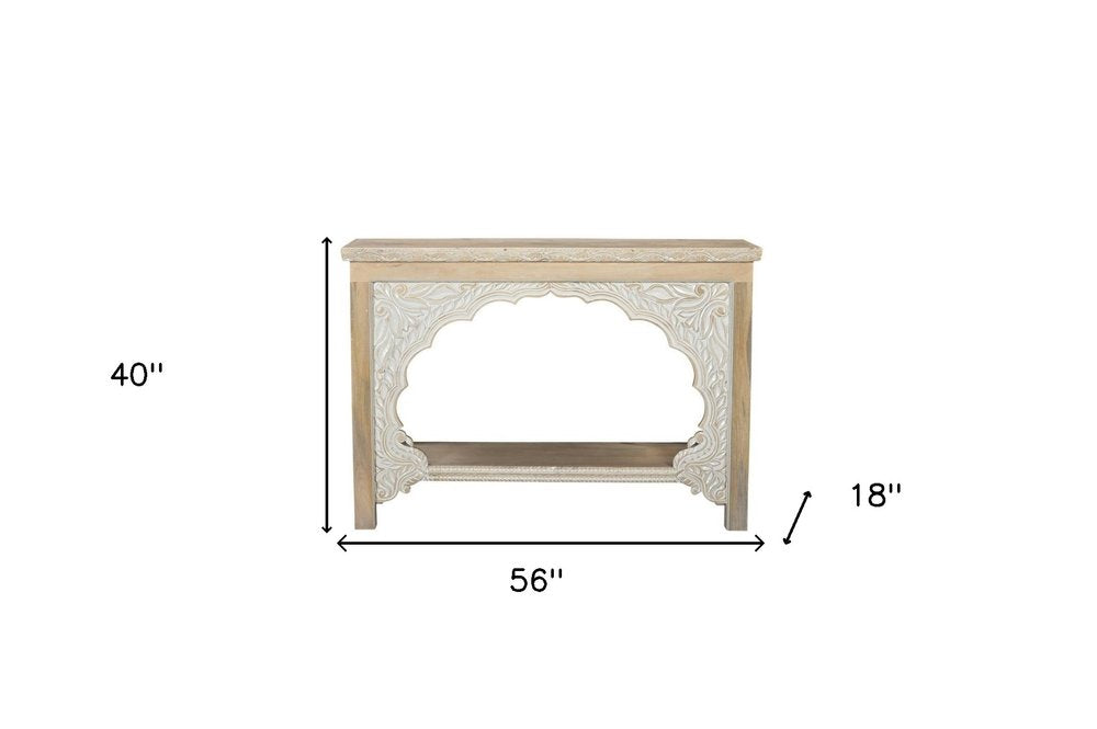 56" Natural Solid Wood Distressed Console Table With Shelf HomeRoots